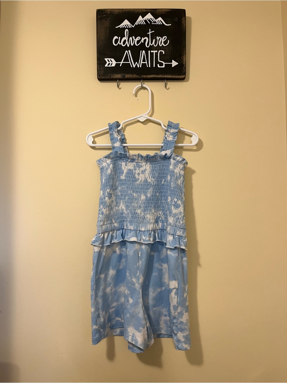 BCBG Girls' Light Blue Tie-Dye Smocked Romper with Ruffle